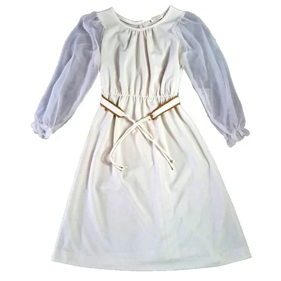 Vintage | Dresses | Vintage Womens Midi Dress Ivory Sheer Sleeves Tie Waist  Party Elegant 96s M | Poshmark